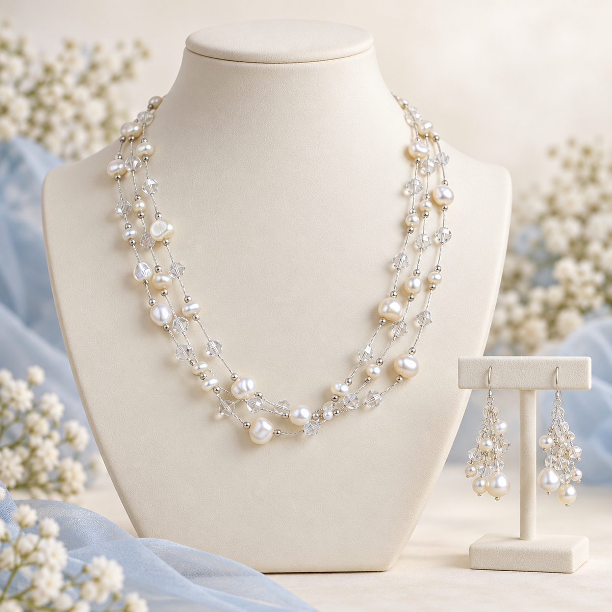 White pearl and crystal necklace and earring set for Ever After Bridal