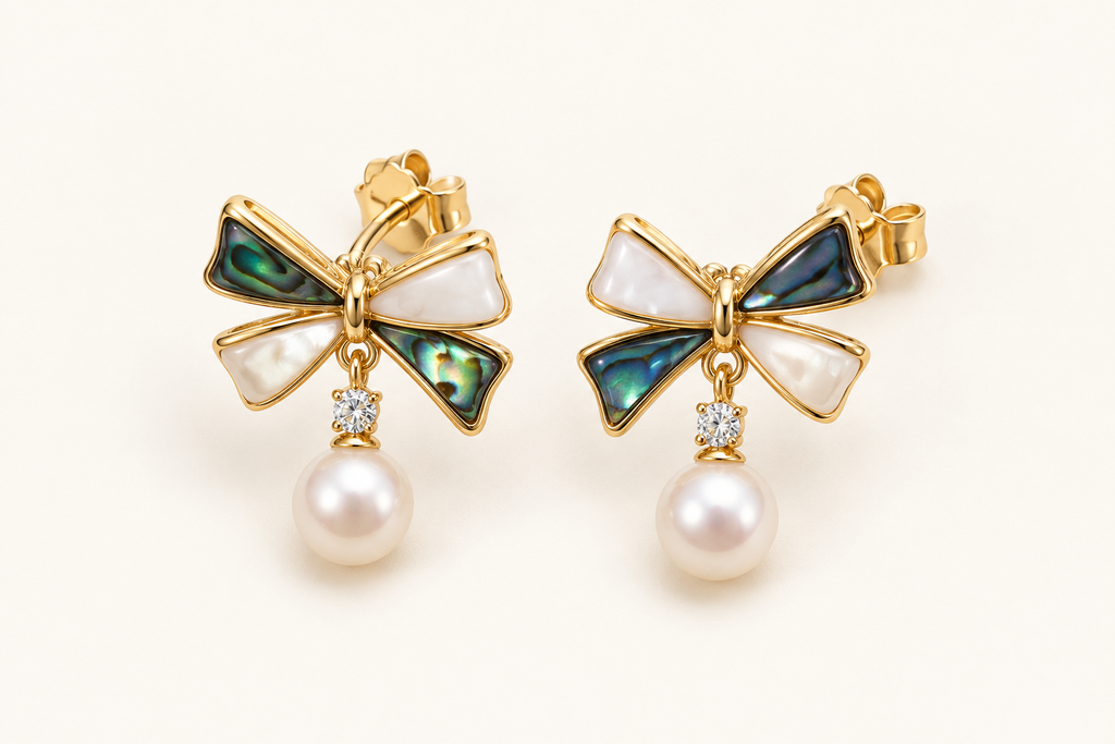 Abalone bow earrings with white pearl drops