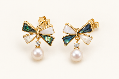Abalone bow earrings with white pearl drops