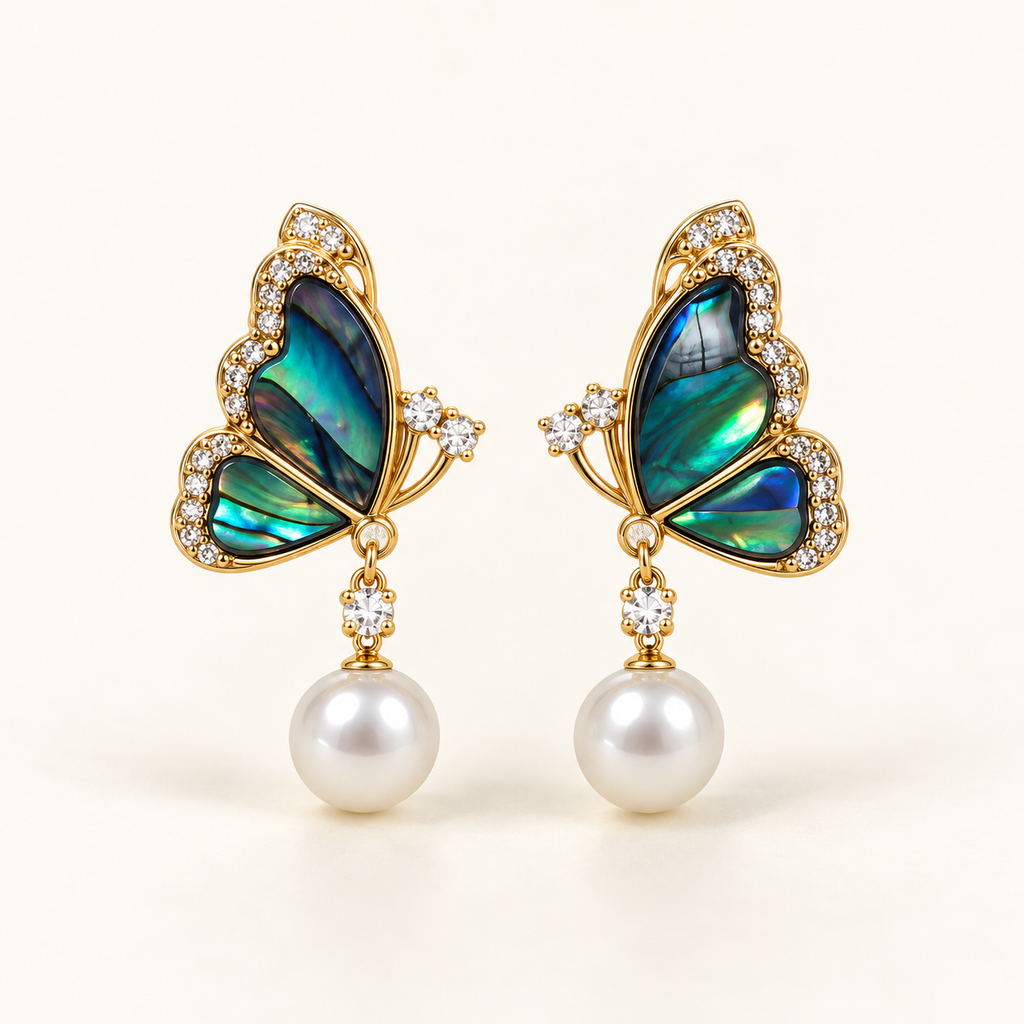 Abalone butterfly earrings with white pearl drops