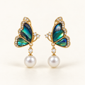 Abalone butterfly earrings with white pearl drops