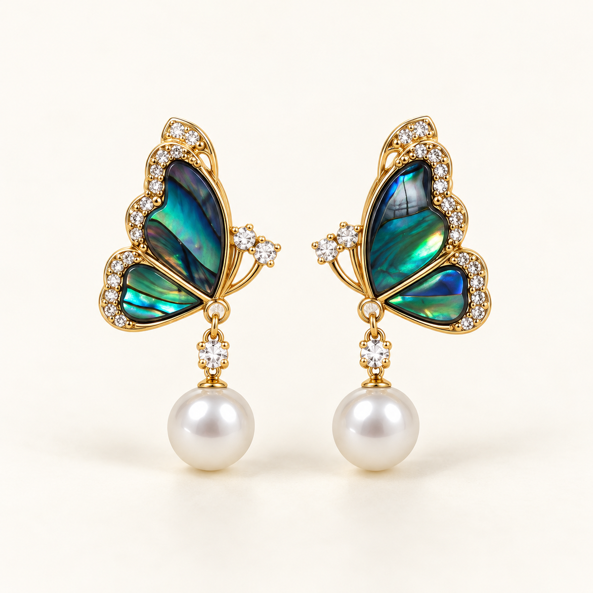 Abalone butterfly earrings with white pearl drops