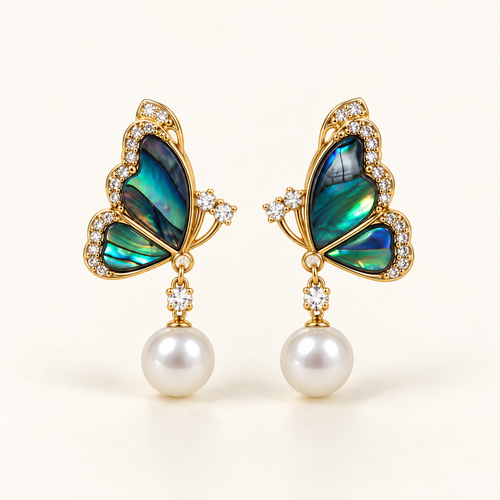 Abalone butterfly earrings with white pearl drops