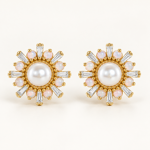 14K yellow gold Akoya pearl opal and diamond sunburst earrings