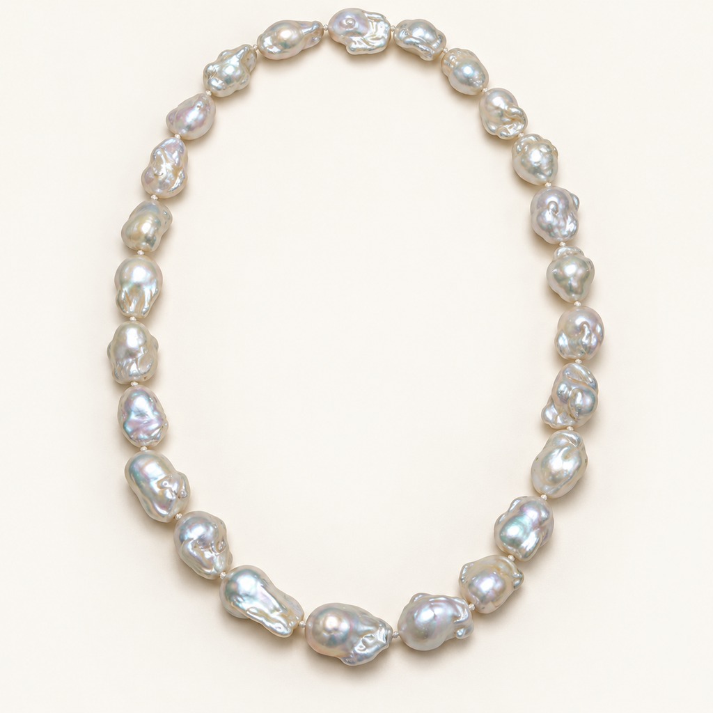 Long white baroque pearl necklace on ivory background