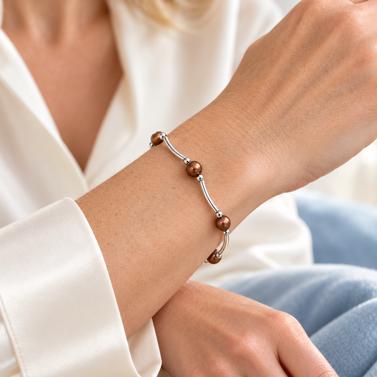 AI styling visualization of a woman wearing brown freshwater pearl and silver-tone bar stretch bracelet