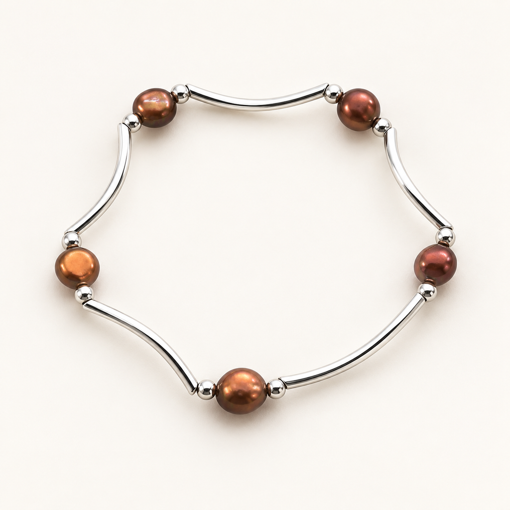 AI-enhanced product visualization of brown freshwater pearl and silver-tone bar stretch bracelet