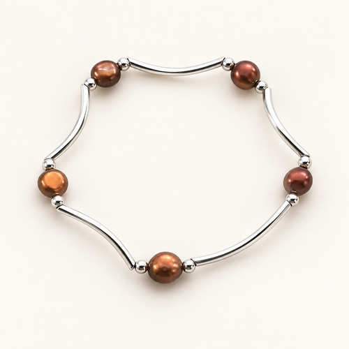 AI-enhanced product visualization of brown freshwater pearl and silver-tone bar stretch bracelet