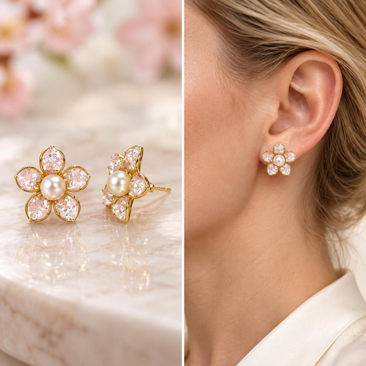Cherry Blossom pink pearl earrings and model wearing them
