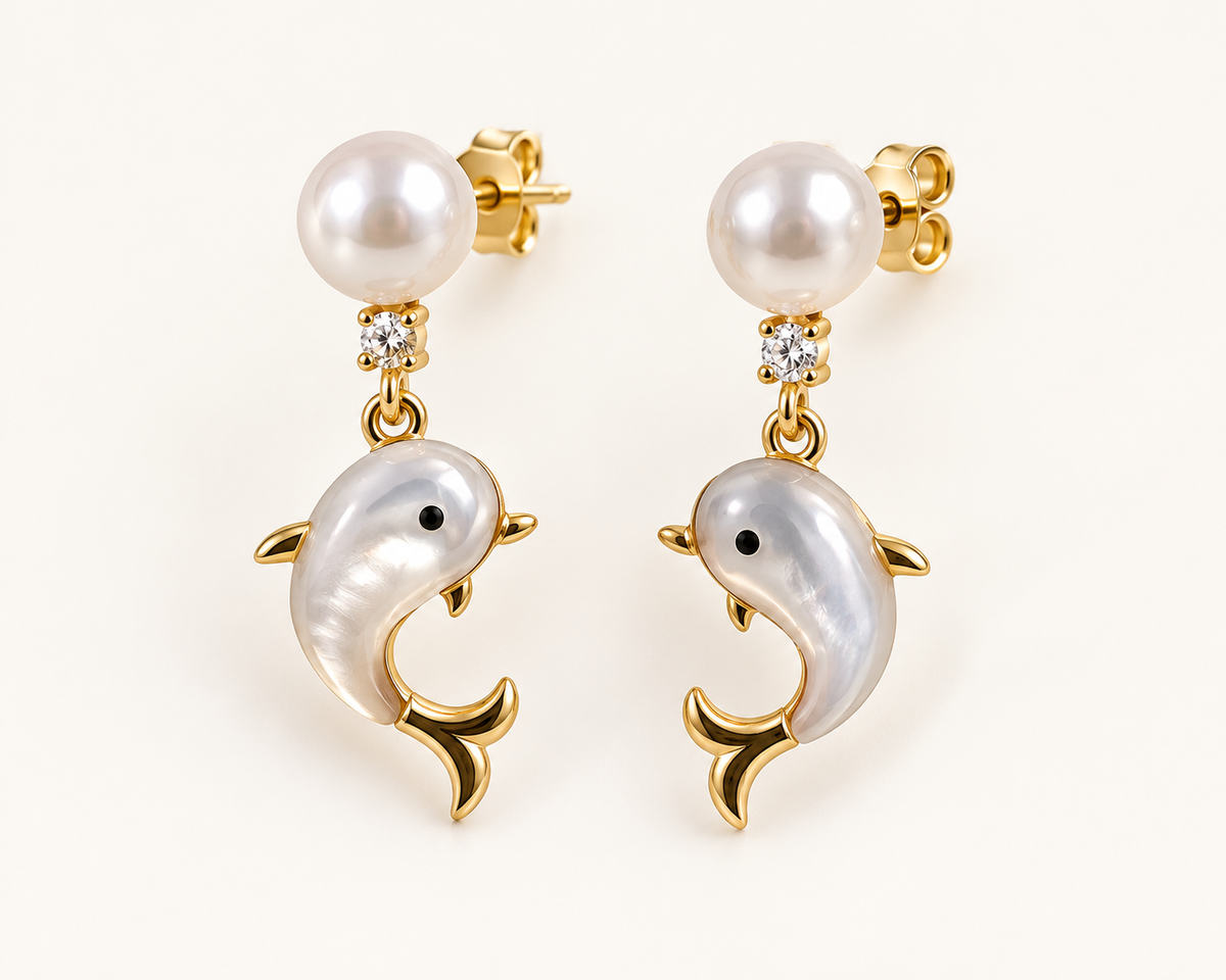 White shell dolphin and pearl earrings