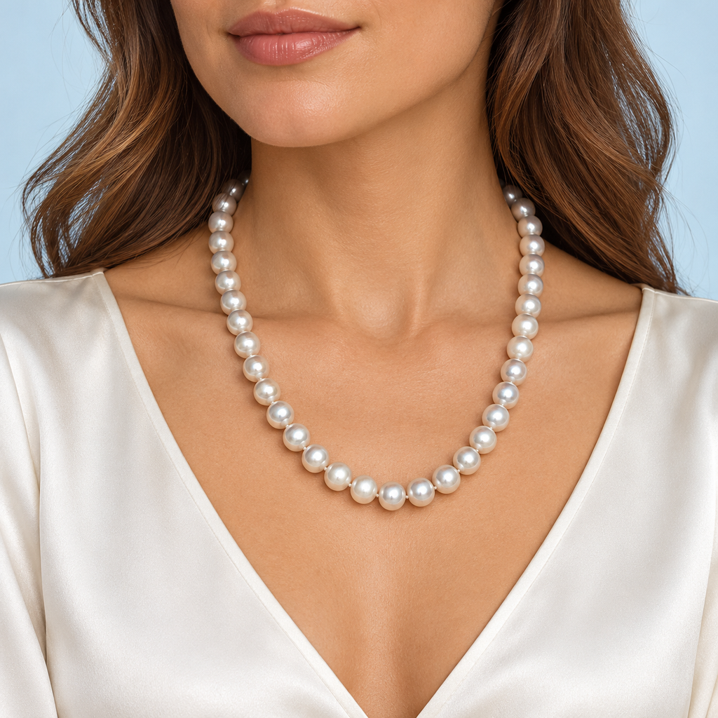 Model styling visualization of the white cultured pearl necklace