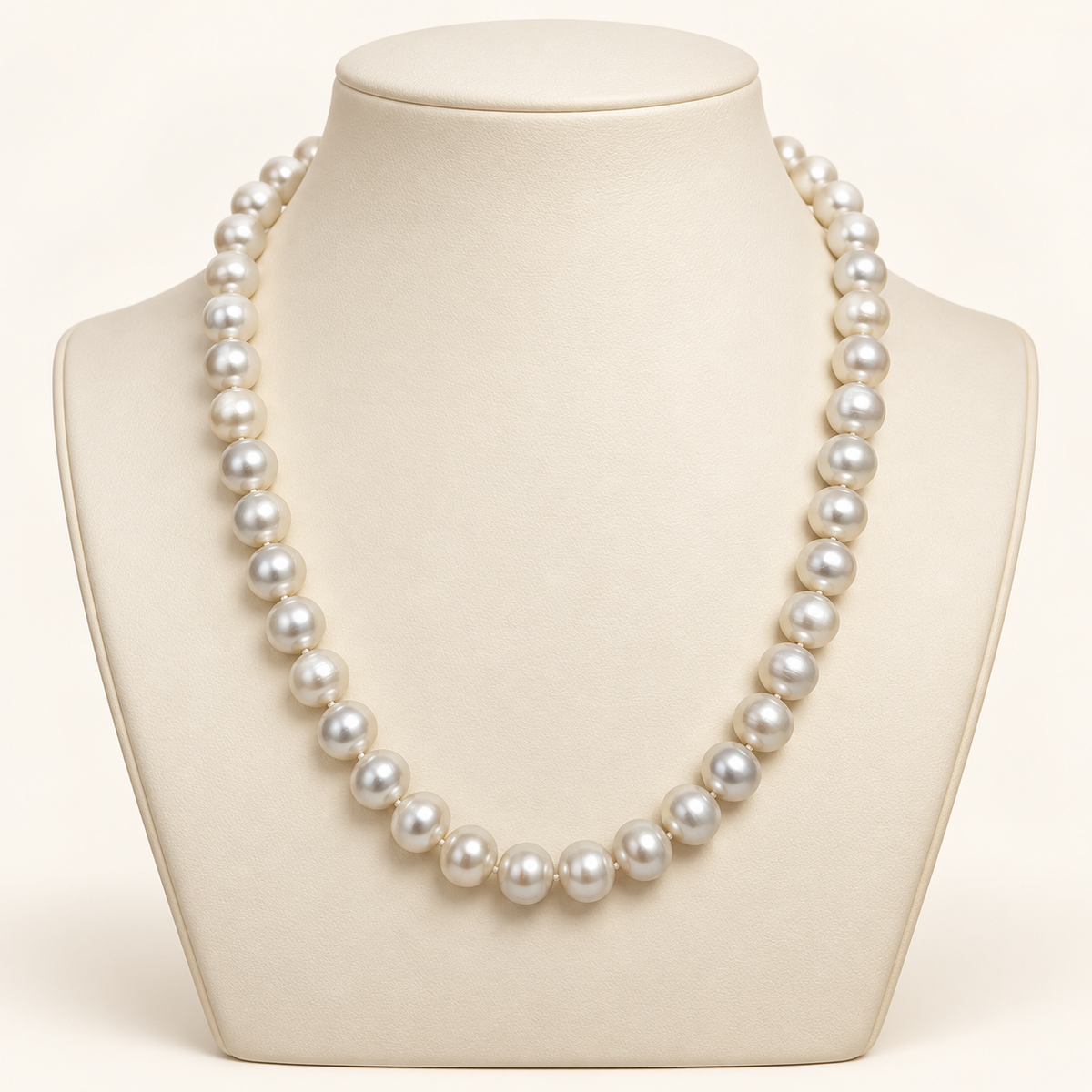 Studio visualization of a white cultured pearl necklace on an ivory bust