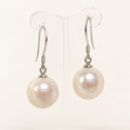 Studio visualization of 12mm white cultured pearl drop earrings with sterling silver French hooks