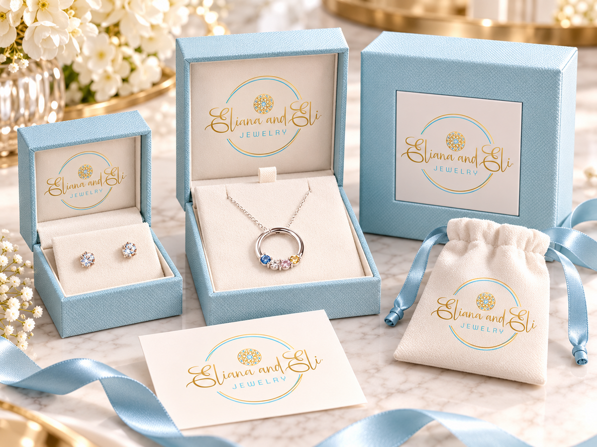 Eliana and Eli Jewelry powder blue and gold jewelry gift boxes and keepsake packaging