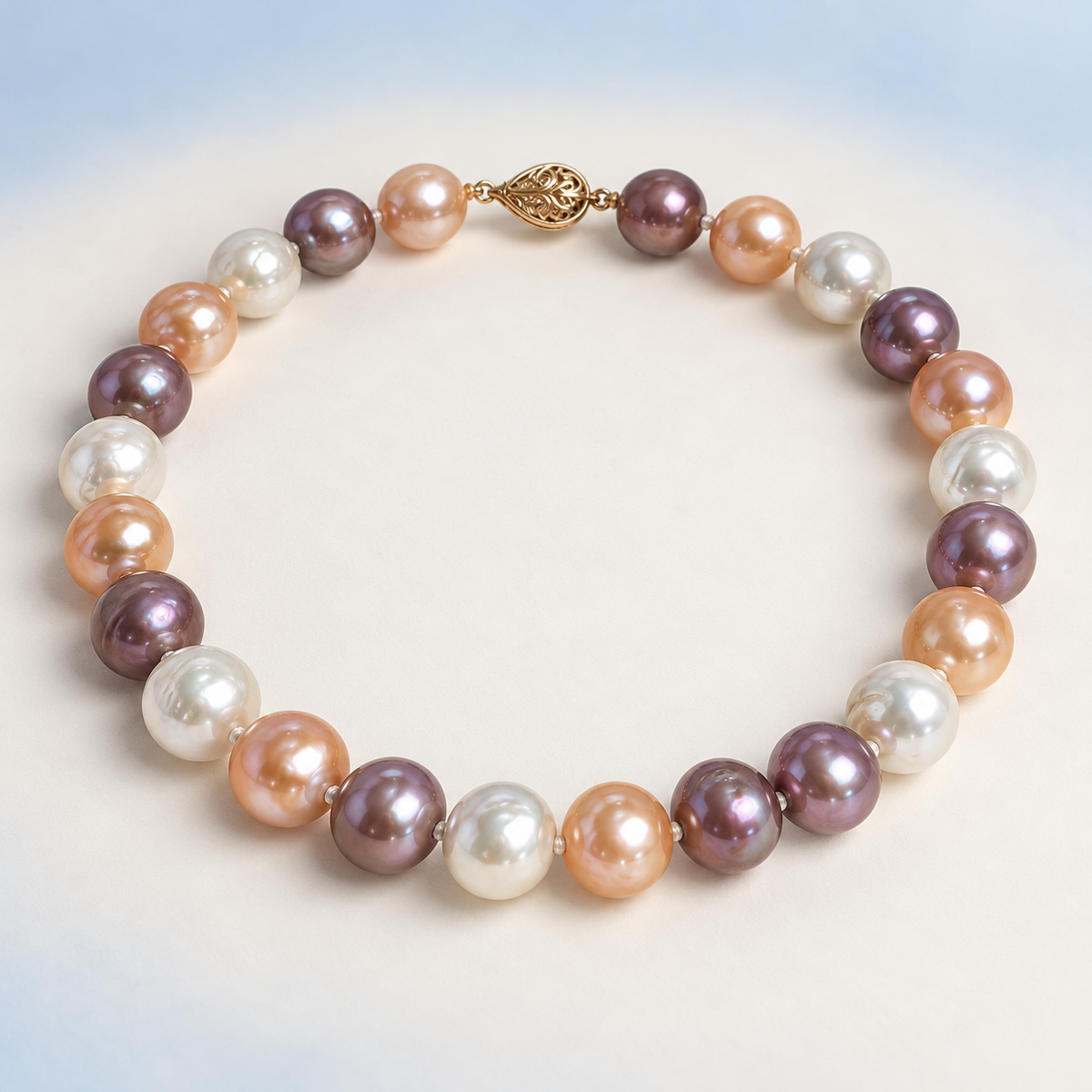 AI product visualization of multicolor cultured pearl necklace with gold clasp