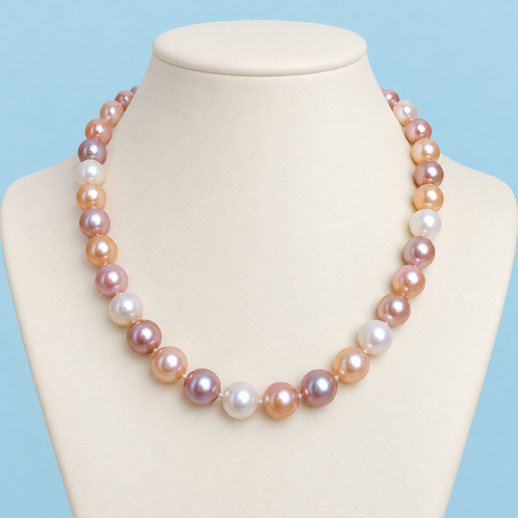AI product visualization of multicolor cultured pearl necklace