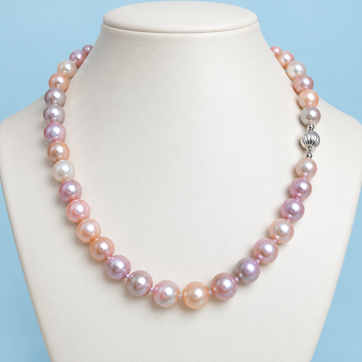 AI product visualization of multicolor pearl necklace with white gold lantern clasp