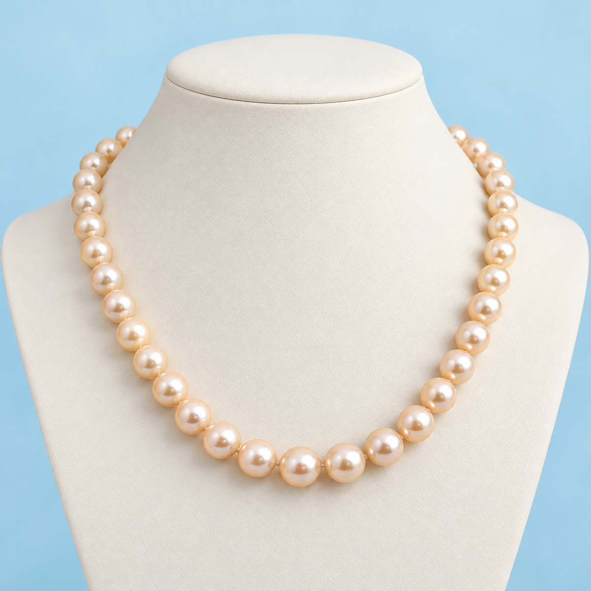 AI product visualization of 9 mm peach pearl necklace