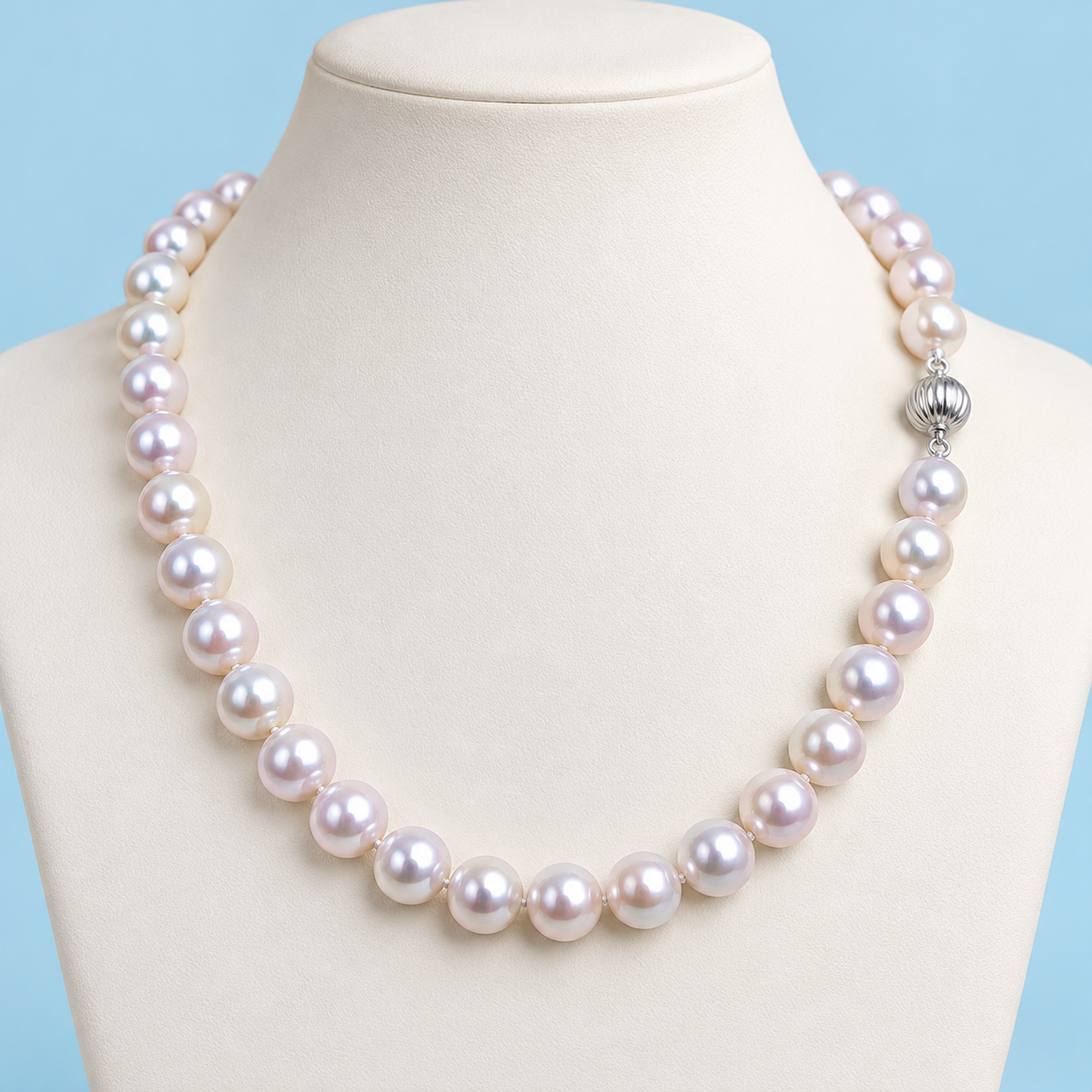 AI product visualization of white pearl necklace with 14K white gold lantern clasp