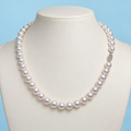 AI product visualization of white pearl necklace with 14K white gold fishhook clasp