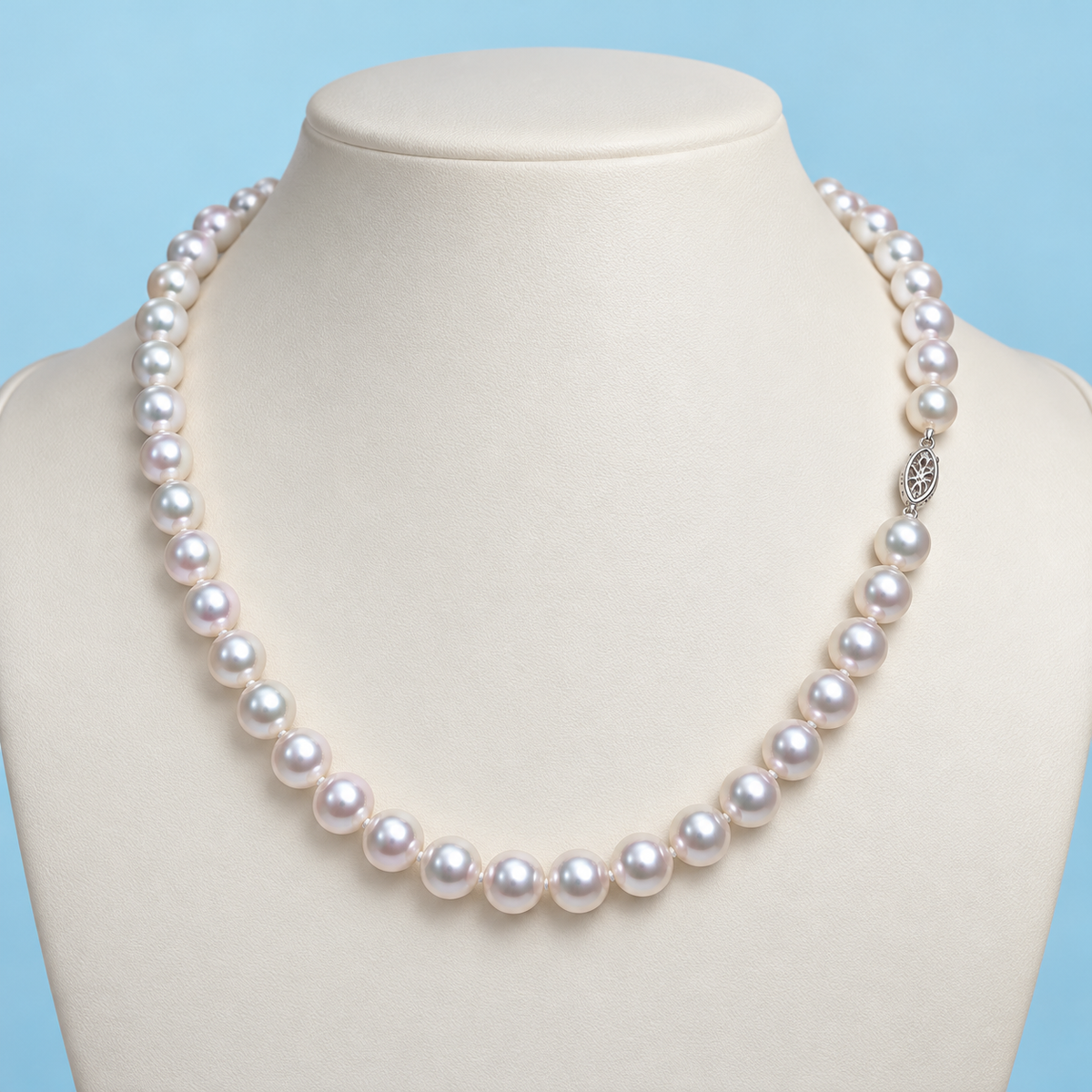 AI product visualization of white pearl necklace with 14K white gold fishhook clasp