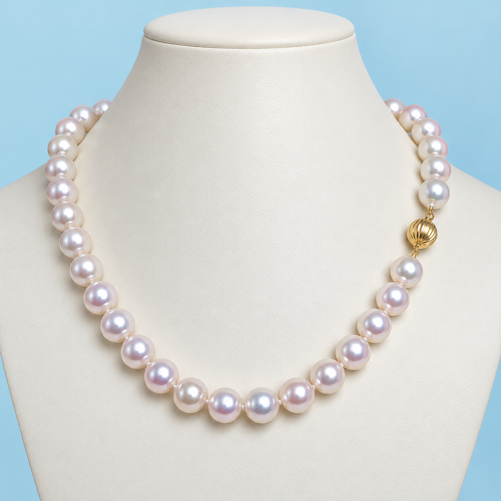 AI product visualization of white pearl necklace with 14K gold lantern clasp
