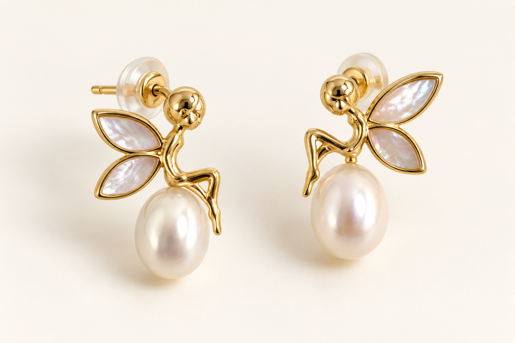 Fairy white freshwater pearl and genuine shell stud earrings