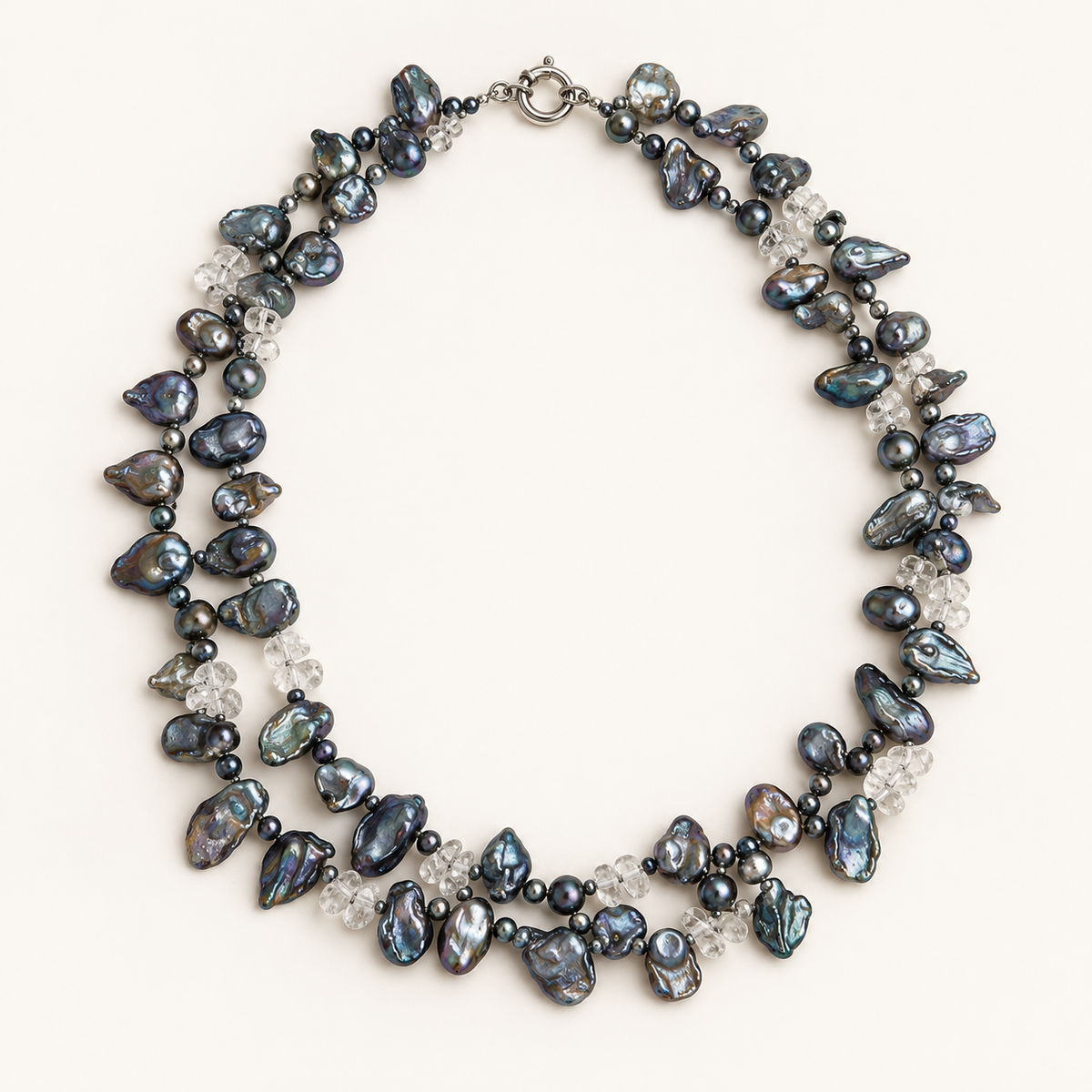 Silver-grey double-strand baroque pearl necklace