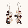 Dark keshi pearl and garnet cluster earrings with sterling silver French hooks