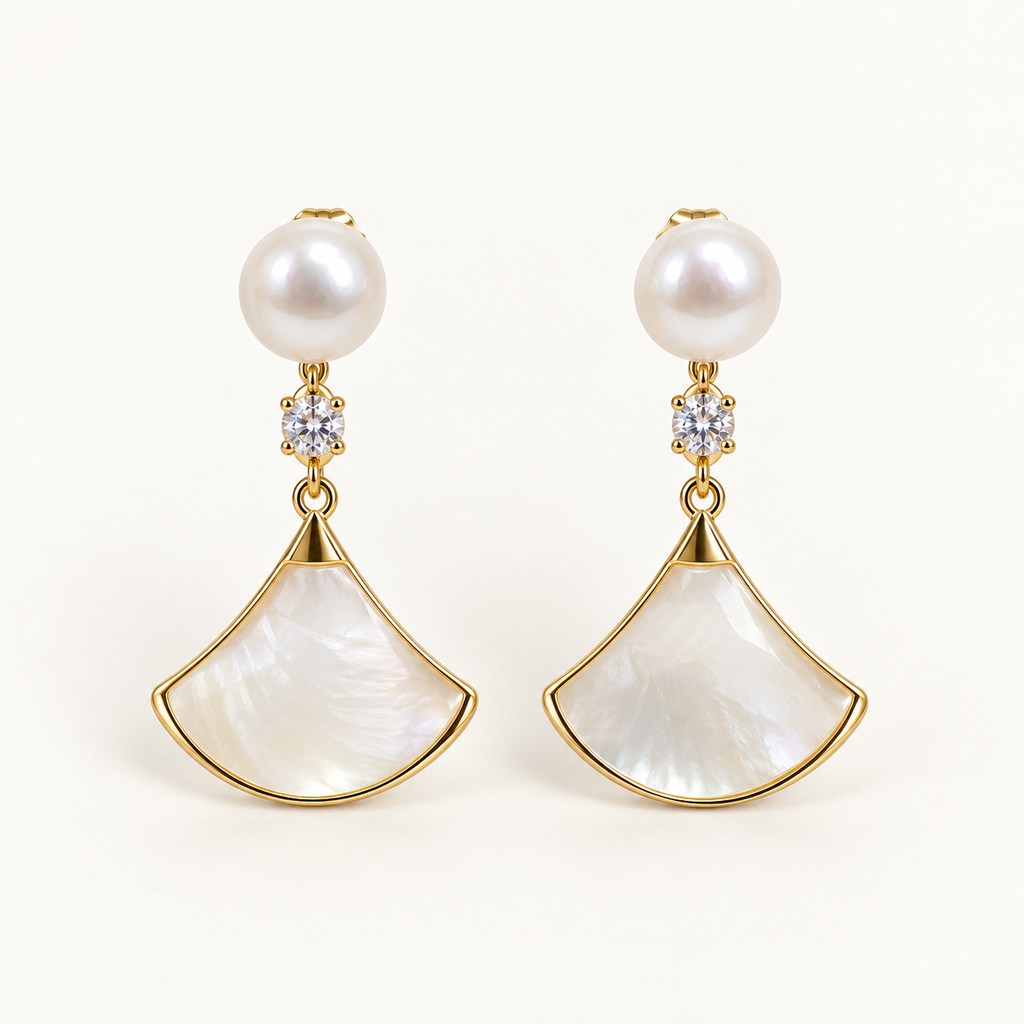 Mermaid pearl and white shell fan drop earrings