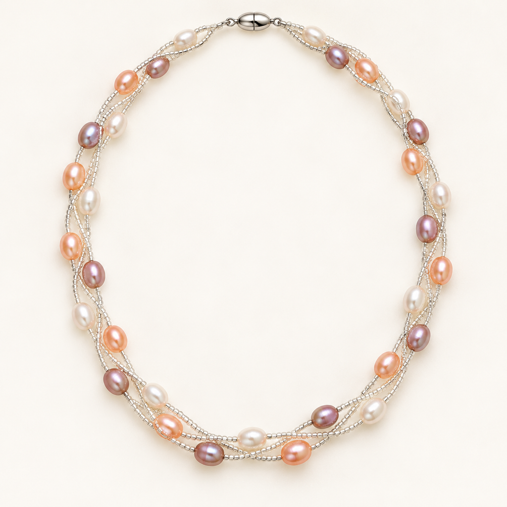 White peach and pink rice pearl twist necklace on ivory background