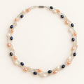 Three-strand white peach and peacock-blue rice pearl necklace