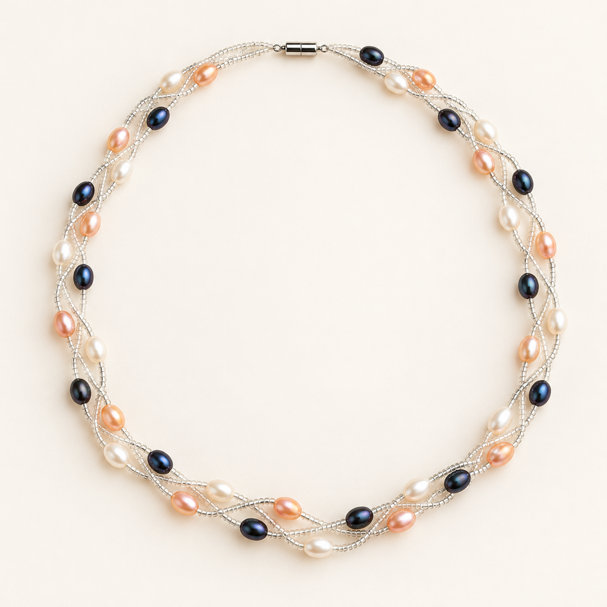 Three-strand white peach and peacock-blue rice pearl necklace