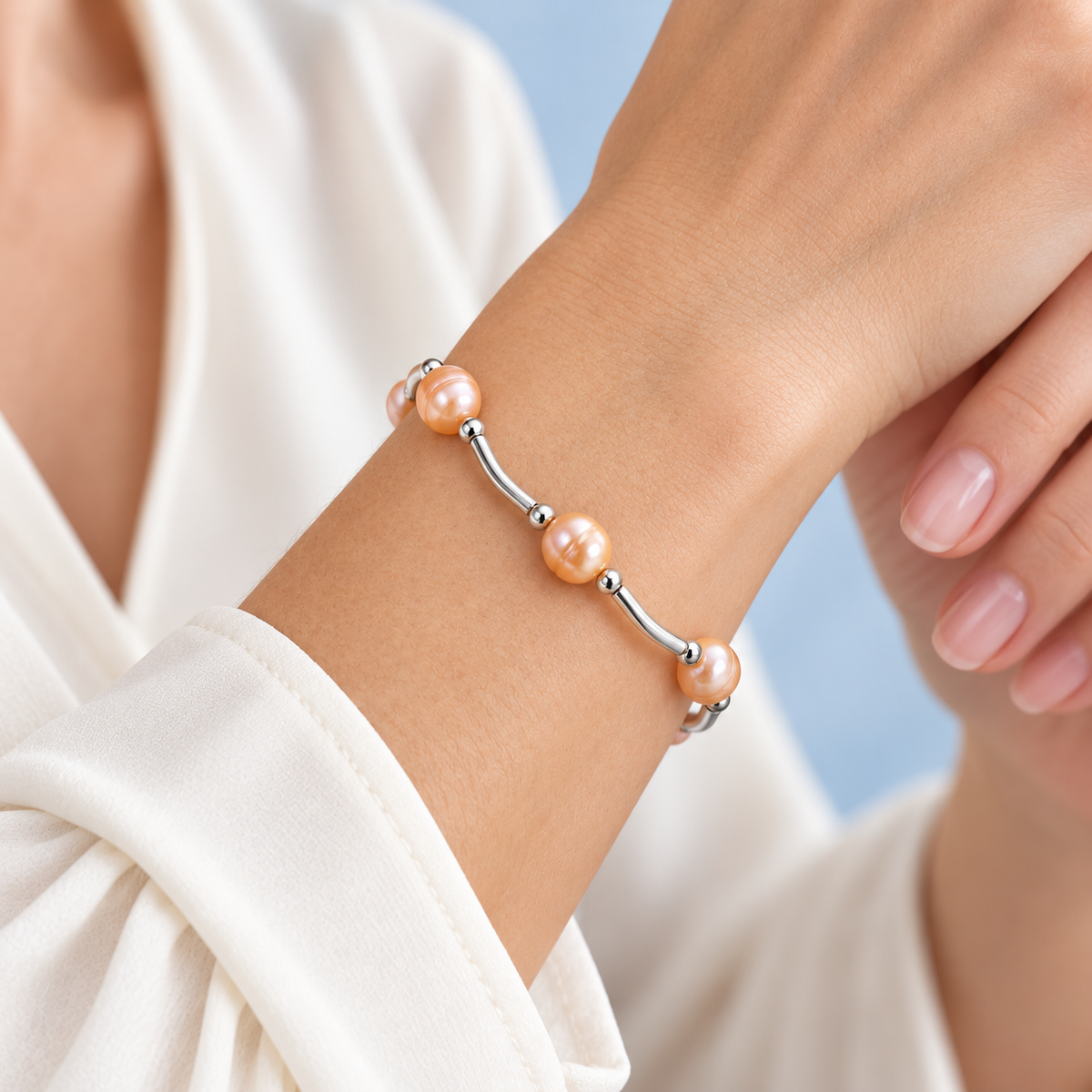 Model wearing peach freshwater pearl and silver-tone bar stretch bracelet