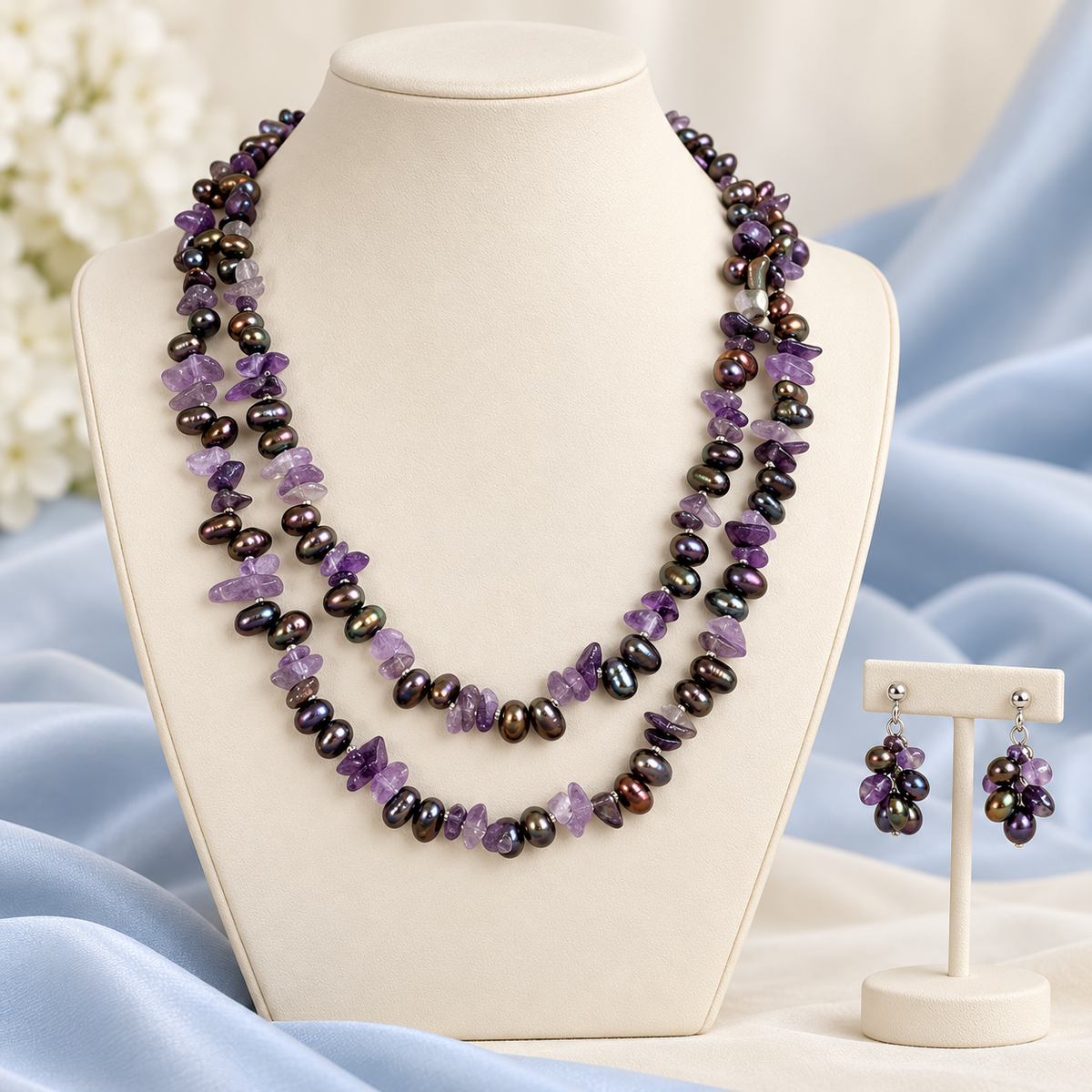 AI-enhanced peacock pearl and amethyst necklace and earring set