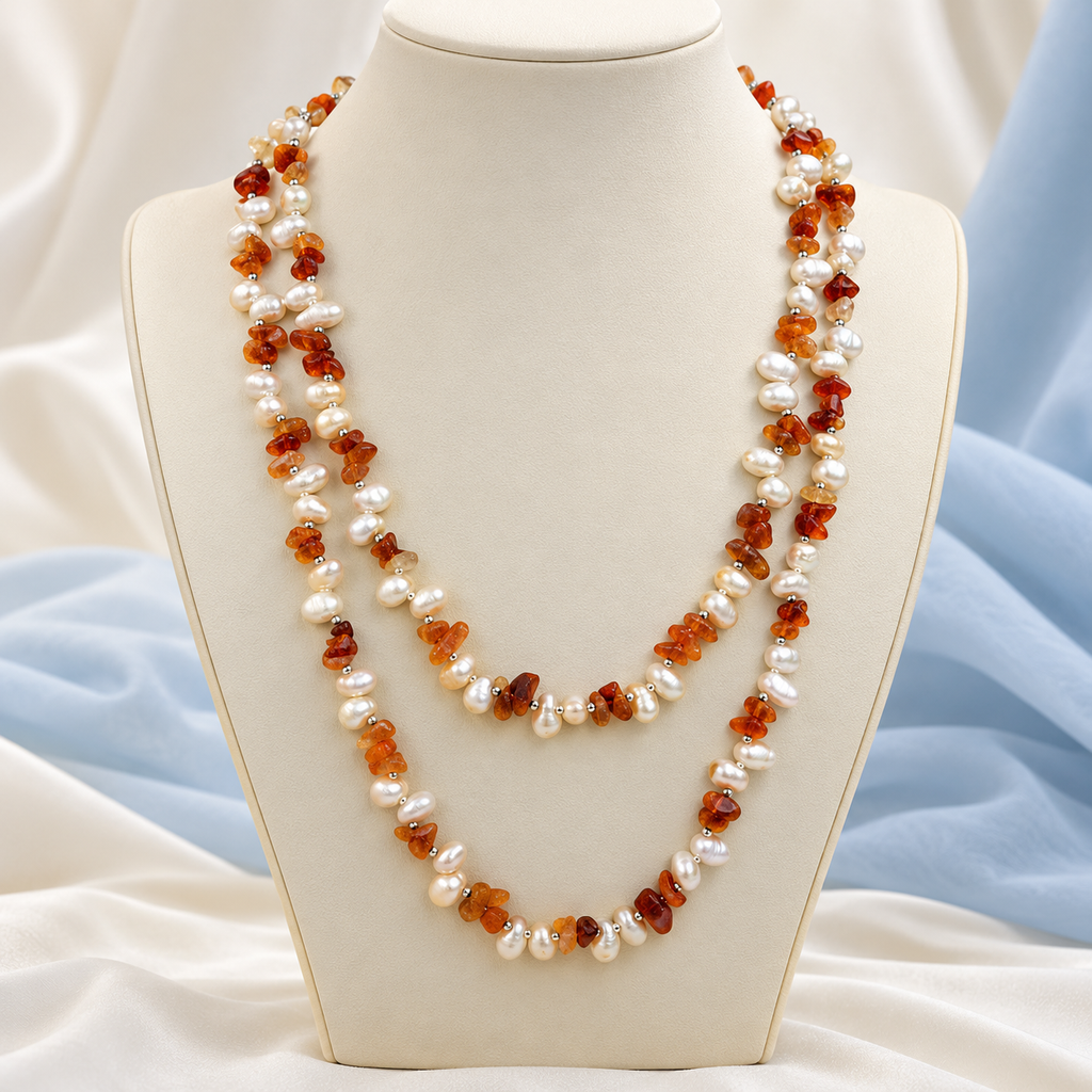 AI-enhanced white pearl and citrine necklace