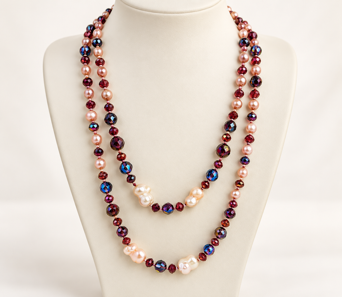 Pink freshwater pearl baroque pearl and crystal necklace shown doubled