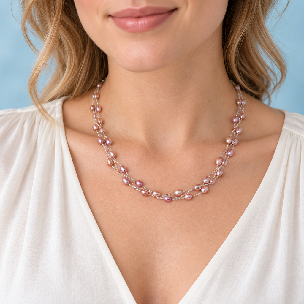 Model wearing pink rice pearl twist necklace