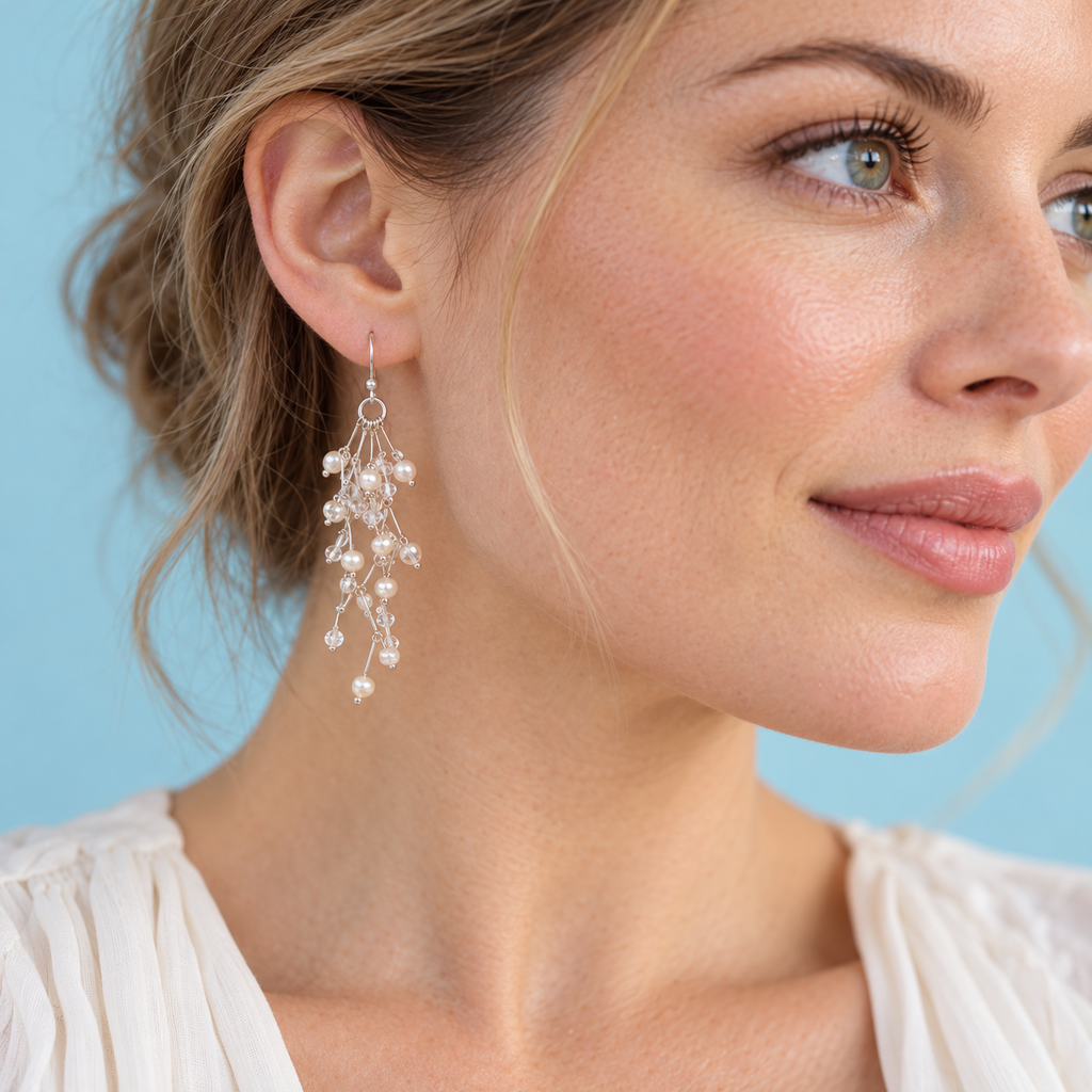 Model wearing white pearl cascading earrings