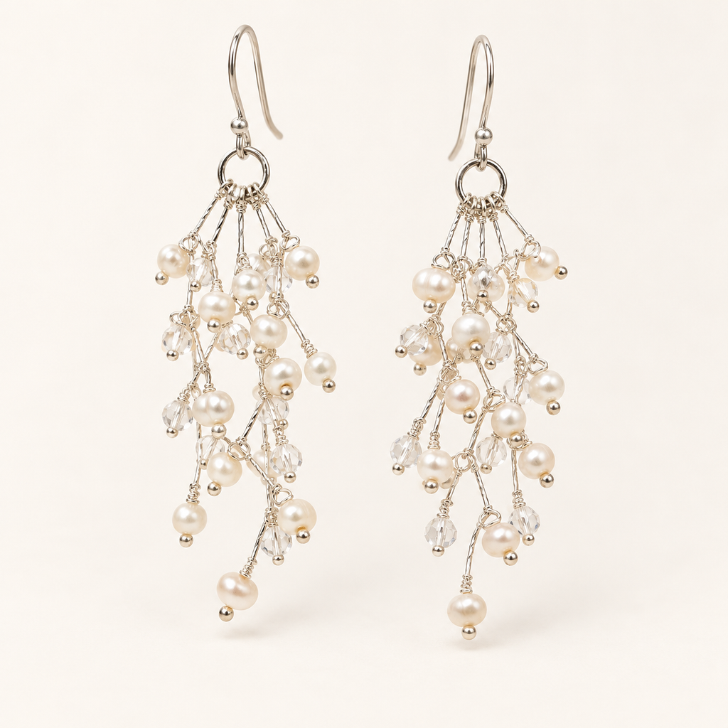White pearl cascading earrings with sterling silver French hooks