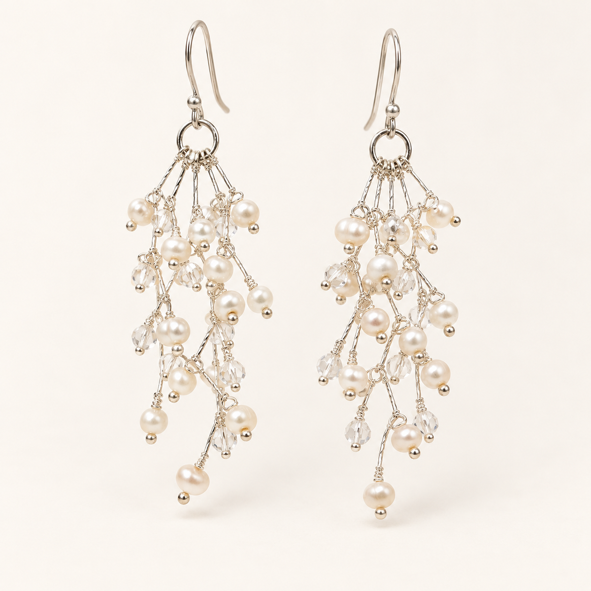 White pearl cascading earrings with sterling silver French hooks