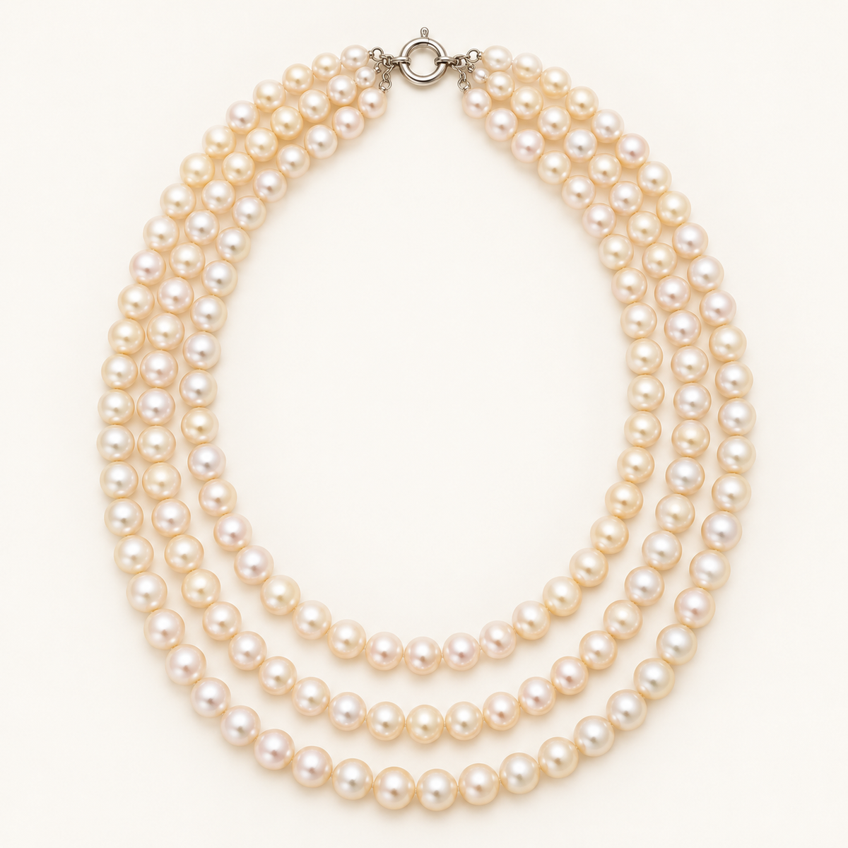 Triple-strand white freshwater pearl necklace with round silver-tone clasp