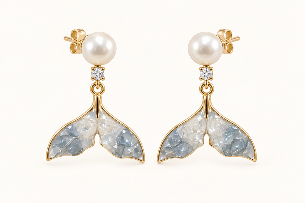 Blue Tide Whale Tail white freshwater pearl earrings