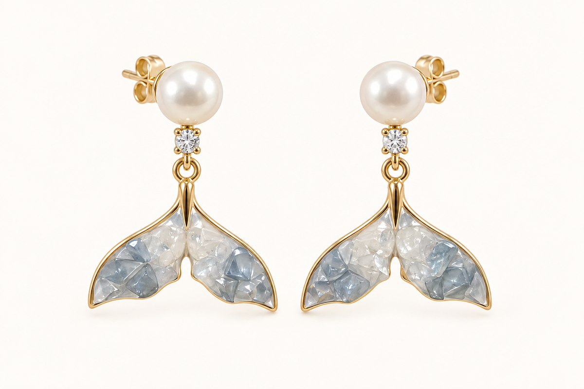 Blue Tide Whale Tail white freshwater pearl earrings