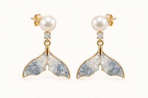 Blue Tide Whale Tail white freshwater pearl earrings