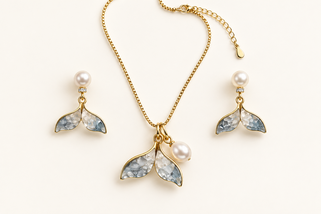 Blue Tide Whale Tail pearl necklace and matching earring set