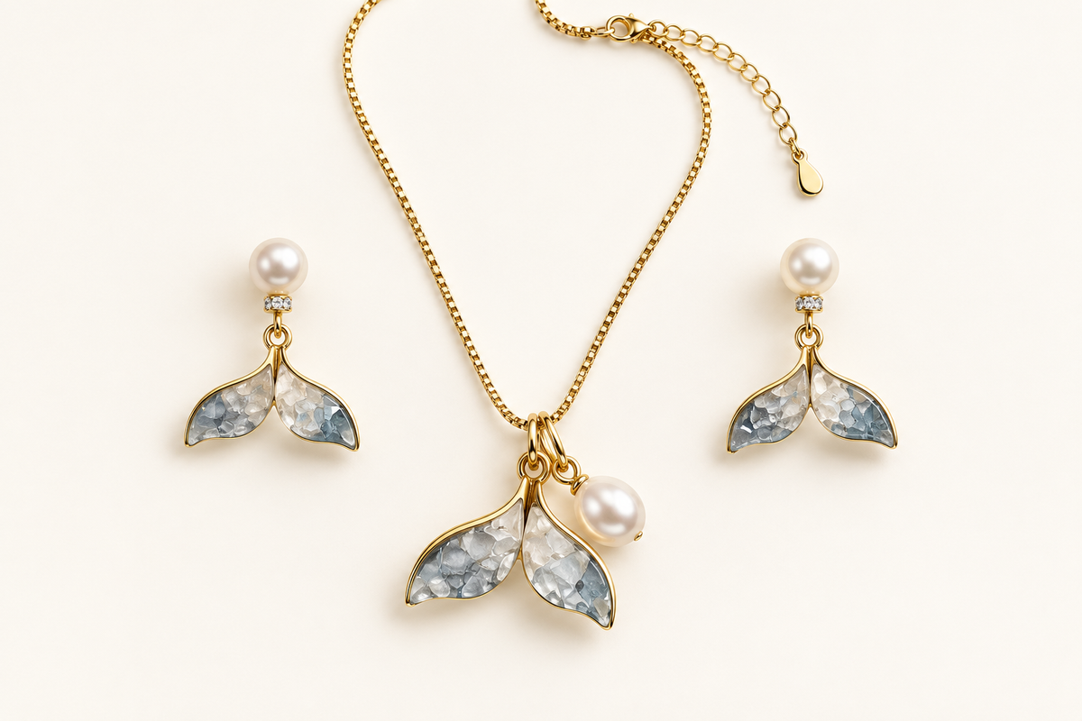 Blue Tide Whale Tail pearl necklace and matching earring set