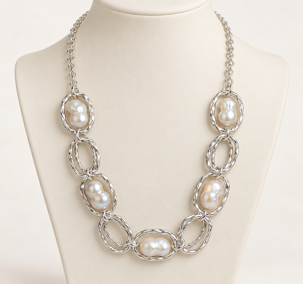 White baroque pearl station necklace with twisted aluminum wire oval links